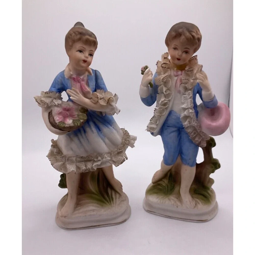 1950's Enesco Porcelain Boy and Girl Figurines Blue & White 6.5